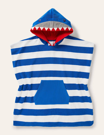 Blue Stripe Shark Towelling Poncho-Ivory/Bright Marina Blue Shark