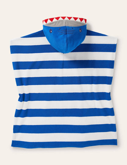 Blue Stripe Shark Towelling Poncho-Ivory/Bright Marina Blue Shark