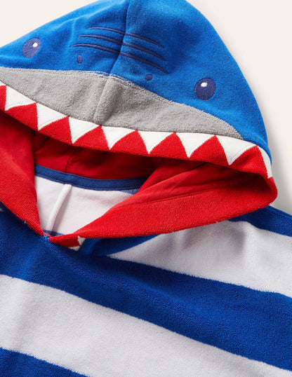 Blue Stripe Shark Towelling Poncho-Ivory/Bright Marina Blue Shark