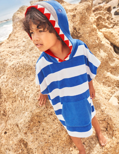 Blue Stripe Shark Towelling Poncho-Ivory/Bright Marina Blue Shark