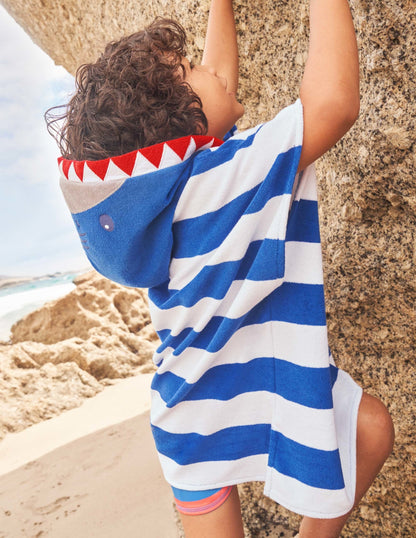 Blue Stripe Shark Towelling Poncho-Ivory/Bright Marina Blue Shark