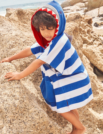 Blue Stripe Shark Towelling Poncho-Ivory/Bright Marina Blue Shark
