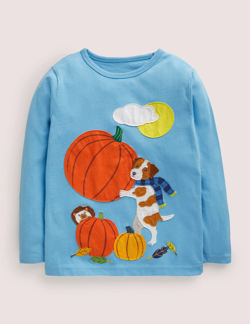 Blue Pumpkin Appliqué Long-Sleeved Halloween T-shirt-Surfboard Blue Pumpkin