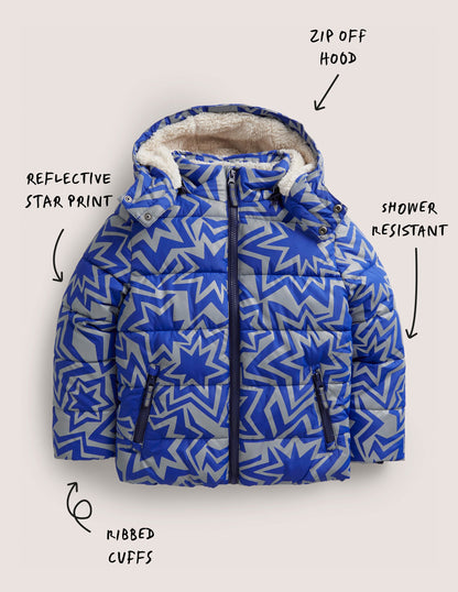 Blue Star Print Reflective Waterproof Puffer Jacket-Blue Reflective Star