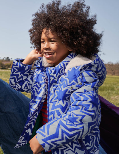 Blue Star Print Reflective Waterproof Puffer Jacket-Blue Reflective Star