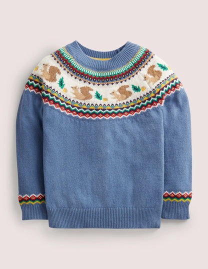 Blue Squirrel Fair Isle Sweater-Riviera Blue Woodland Fairisle