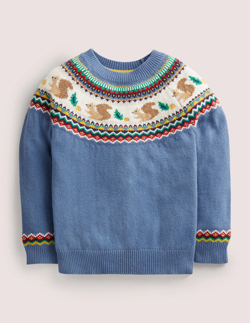 Blue Squirrel Fair Isle Sweater-Riviera Blue Woodland Fairisle