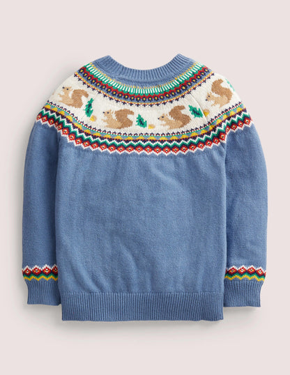 Blue Squirrel Fair Isle Sweater-Riviera Blue Woodland Fairisle