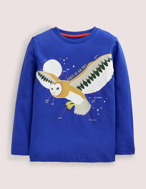 Blue Owl Print Long-Sleeved T-shirt-Brilliant Blue Owl