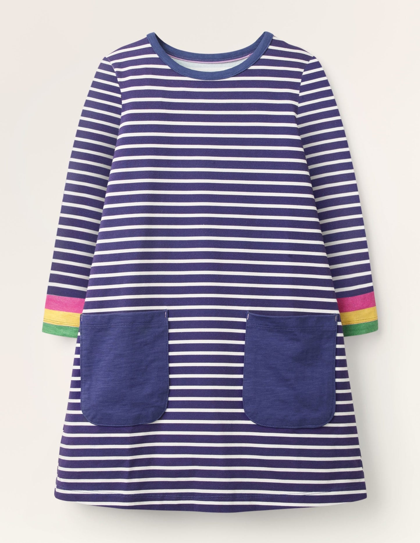 Blue Stripe Fun Pocket Jersey Dress-Starboard Blue Rainbow Cuff