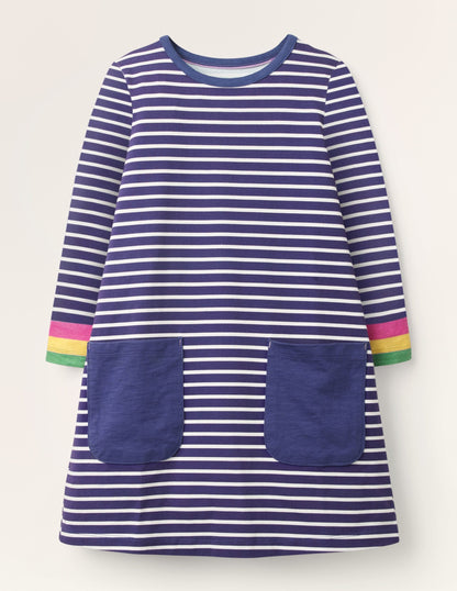 Blue Stripe Fun Pocket Jersey Dress-Starboard Blue Rainbow Cuff