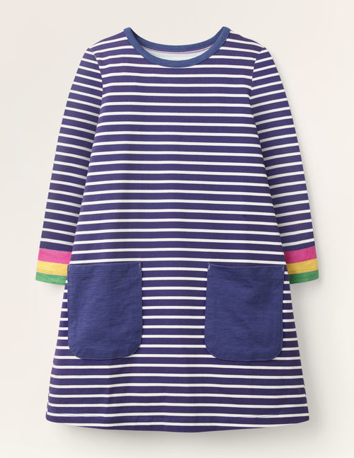Blue Stripe Fun Pocket Jersey Dress-Starboard Blue Rainbow Cuff