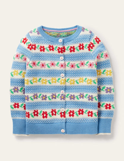 Blue Floral Fair Isle Cardigan-Blue Flower Fair Isle