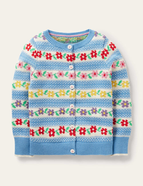 Blue Floral Fair Isle Cardigan-Blue Flower Fair Isle
