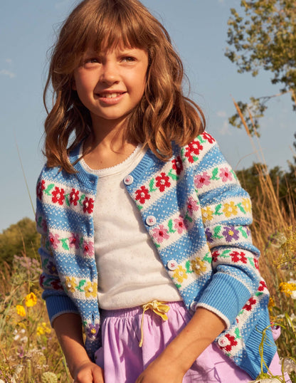 Blue Floral Fair Isle Cardigan-Blue Flower Fair Isle
