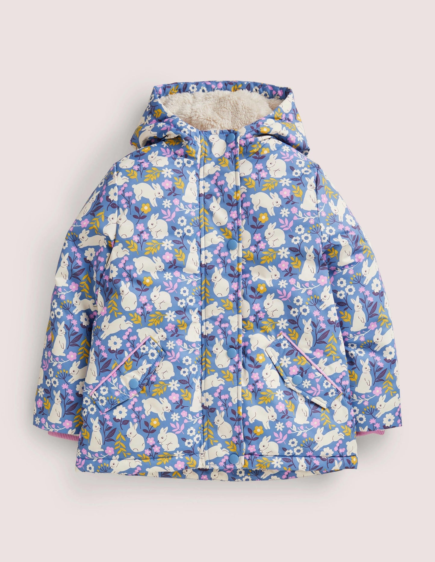 Blue Bunny Print Sherpa Lined Anorak-Riviera Blue Bunny Field
