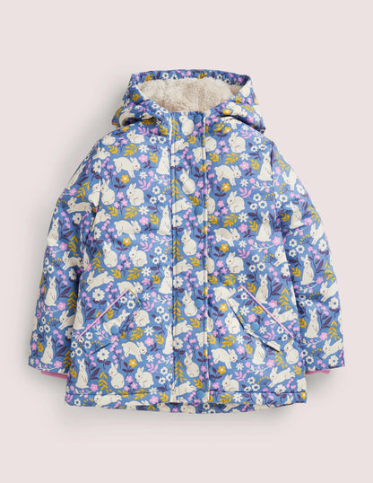 Blue Bunny Print Sherpa Lined Anorak-Riviera Blue Bunny Field