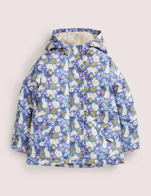 Blue Bunny Print Sherpa Lined Anorak-Riviera Blue Bunny Field