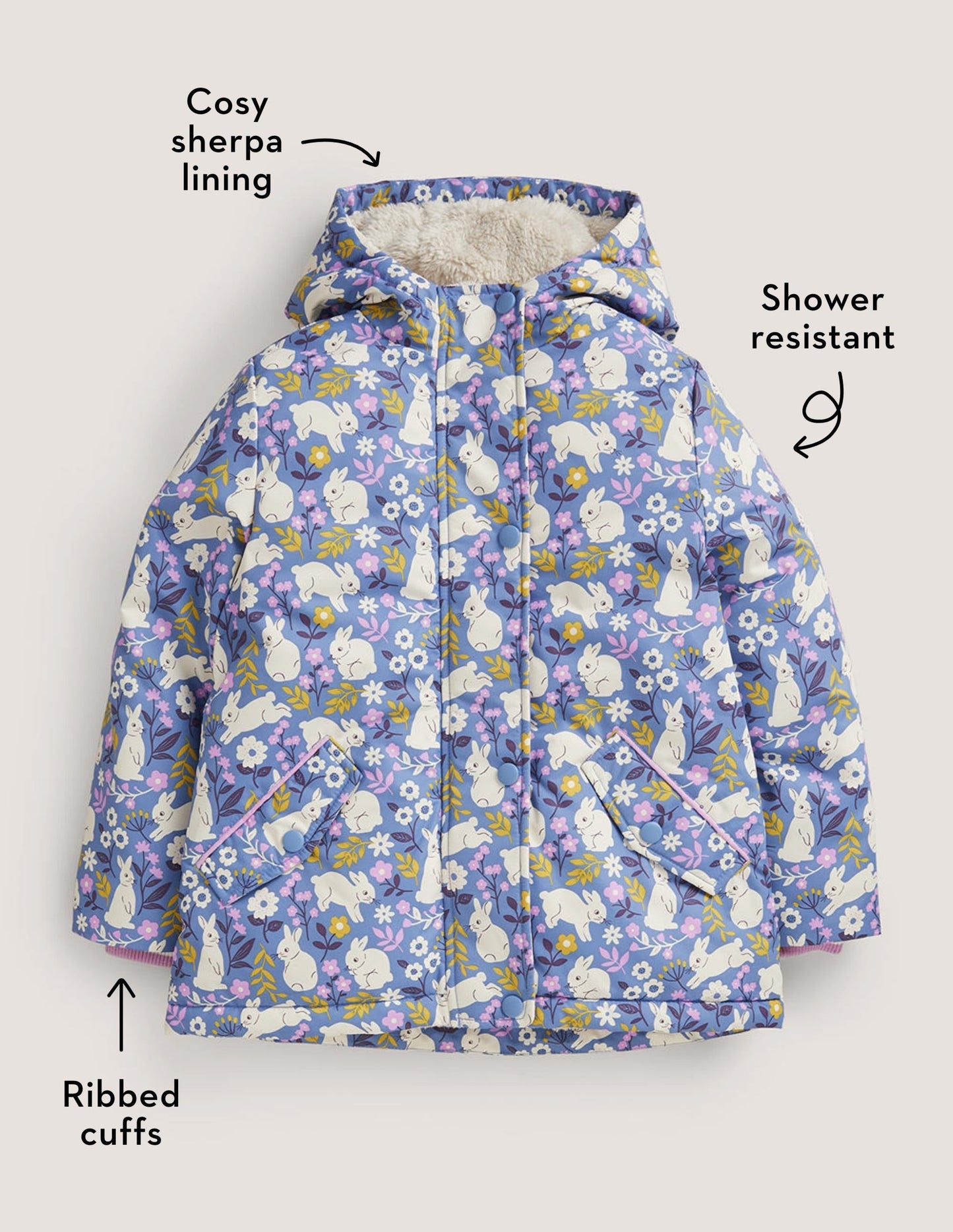 Blue Bunny Print Sherpa Lined Anorak-Riviera Blue Bunny Field
