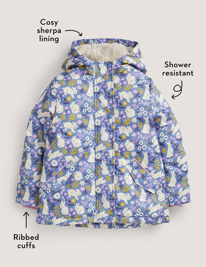 Blue Bunny Print Sherpa Lined Anorak-Riviera Blue Bunny Field