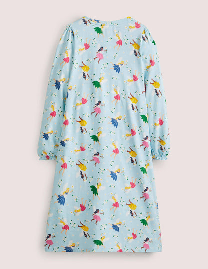 Blue Fairy Print Long-sleeved Cotton Nightie-Neptune Blue Fairies