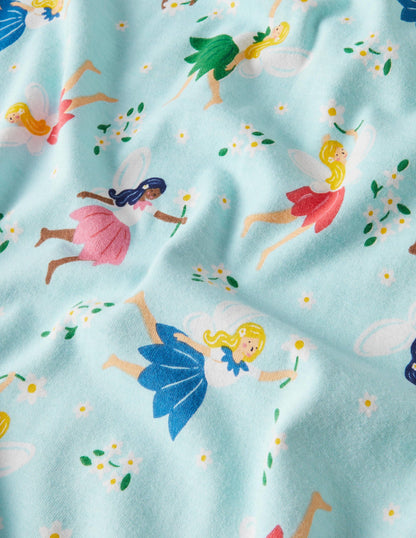 Blue Fairy Print Long-sleeved Cotton Nightie-Neptune Blue Fairies