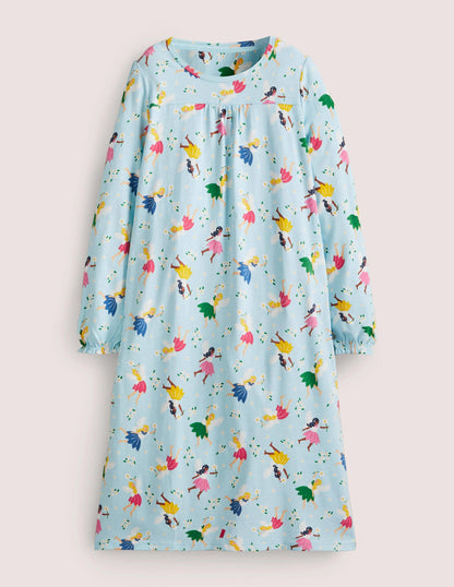 Blue Fairy Print Long-sleeved Cotton Nightie-Neptune Blue Fairies