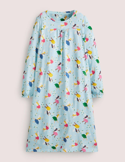 Blue Fairy Print Long-sleeved Cotton Nightie-Neptune Blue Fairies