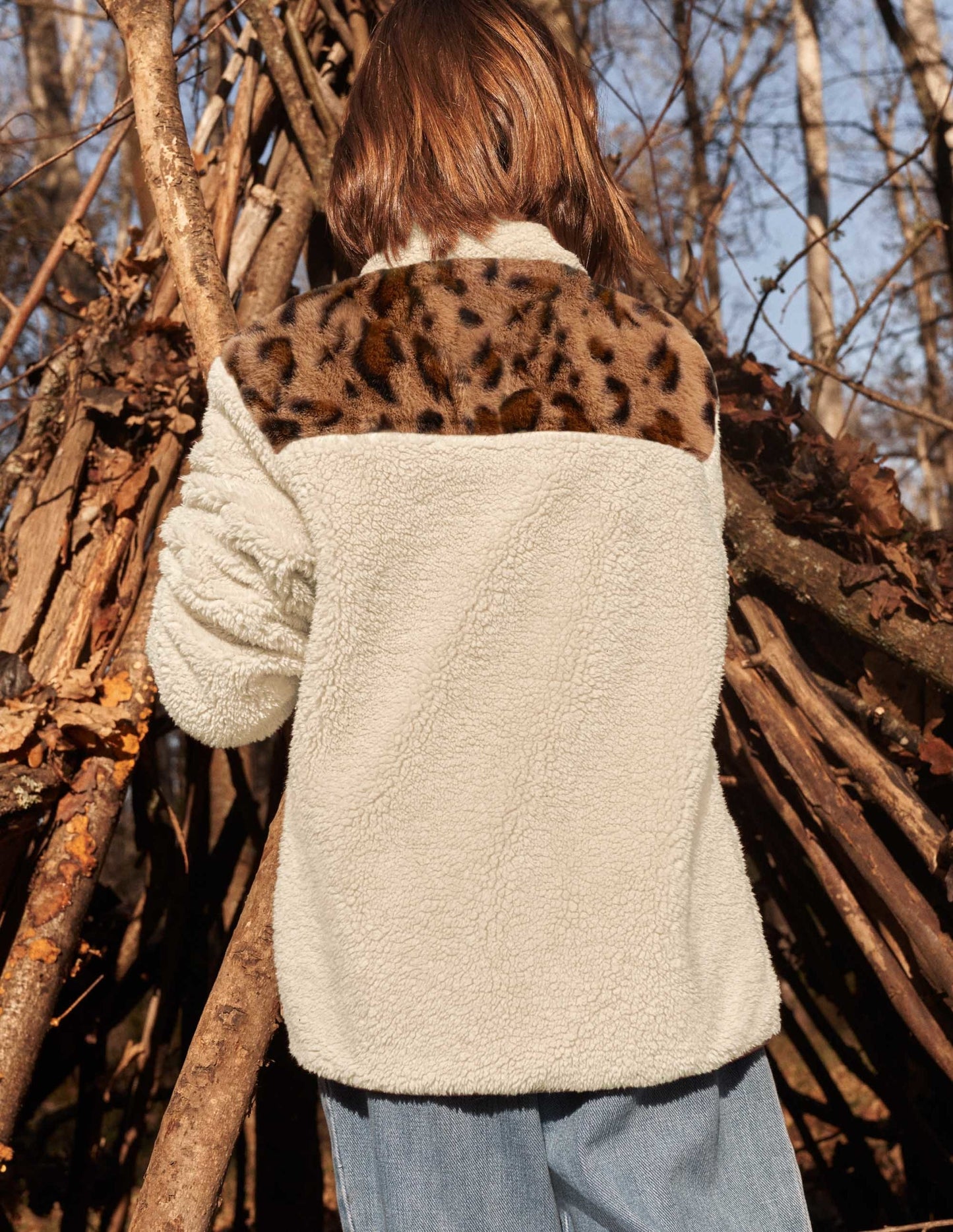 Borg Jacket-Ivory/Leopard Colourblock