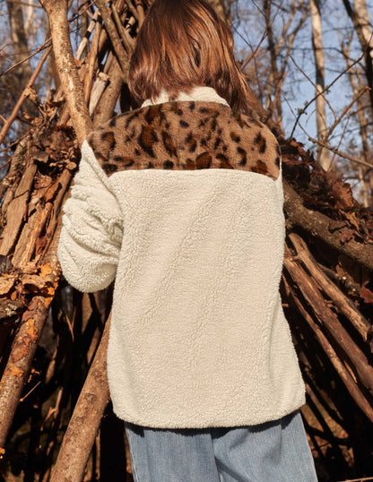Borg Jacket-Ivory/Leopard Colourblock