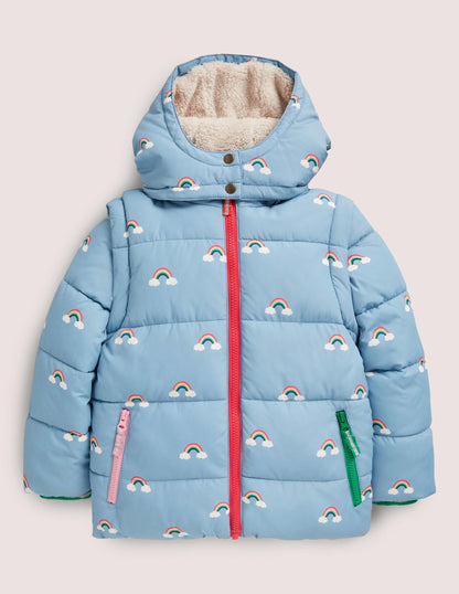 Blue Rainbow Print Puffer Jacket-Moroccan Blue Rainbows