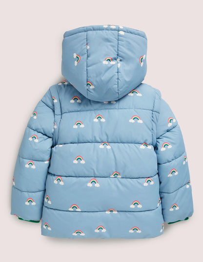 Blue Rainbow Print Puffer Jacket-Moroccan Blue Rainbows