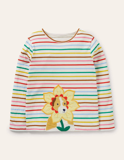 Big Appliqué T-shirt-Ivory/ Rainbow Dog
