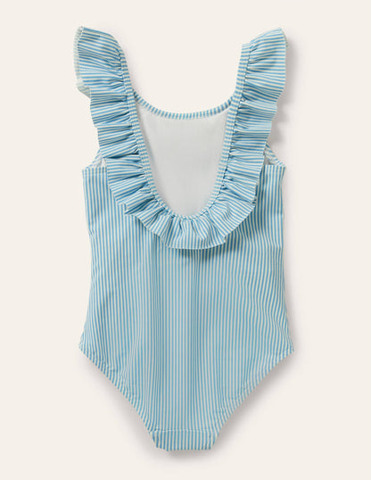 Blue Stripe Strawberry Frill Swimsuit-Blue/Ivory Ticking Strawberry
