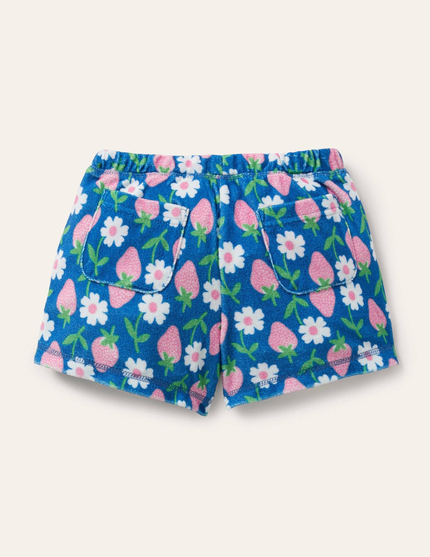 Blue Strawberry Print Towelling Shorts-Bright Marina Blue Strawberry