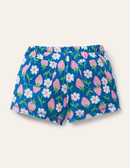 Blue Strawberry Print Towelling Shorts-Bright Marina Blue Strawberry