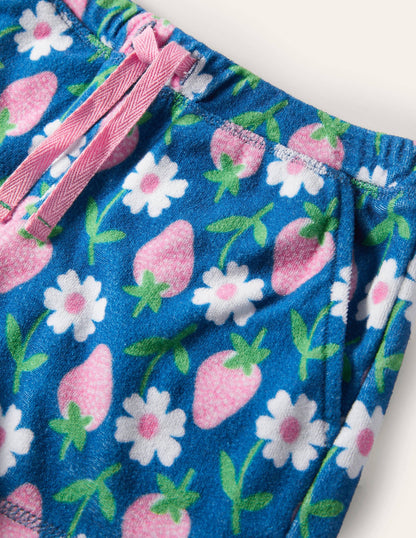 Blue Strawberry Print Towelling Shorts-Bright Marina Blue Strawberry