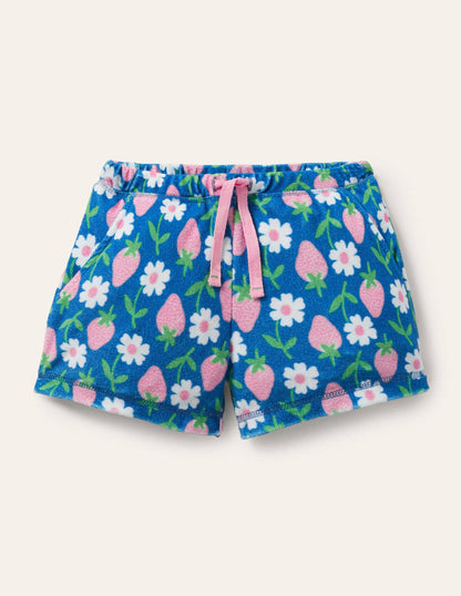 Blue Strawberry Print Towelling Shorts-Bright Marina Blue Strawberry