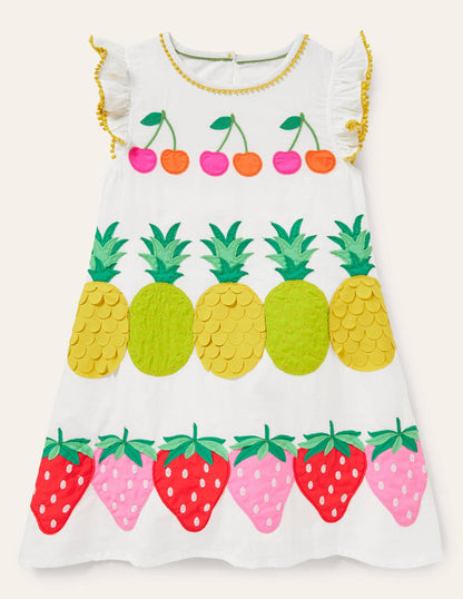 Big Appliqué Woven Dress-White Fruit