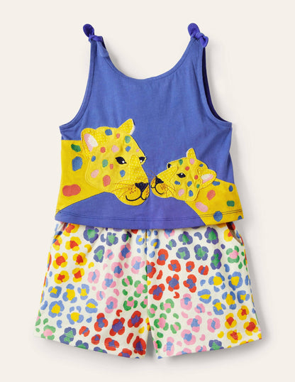Big Appliqué Romper-Bluebell / Multi Leopard