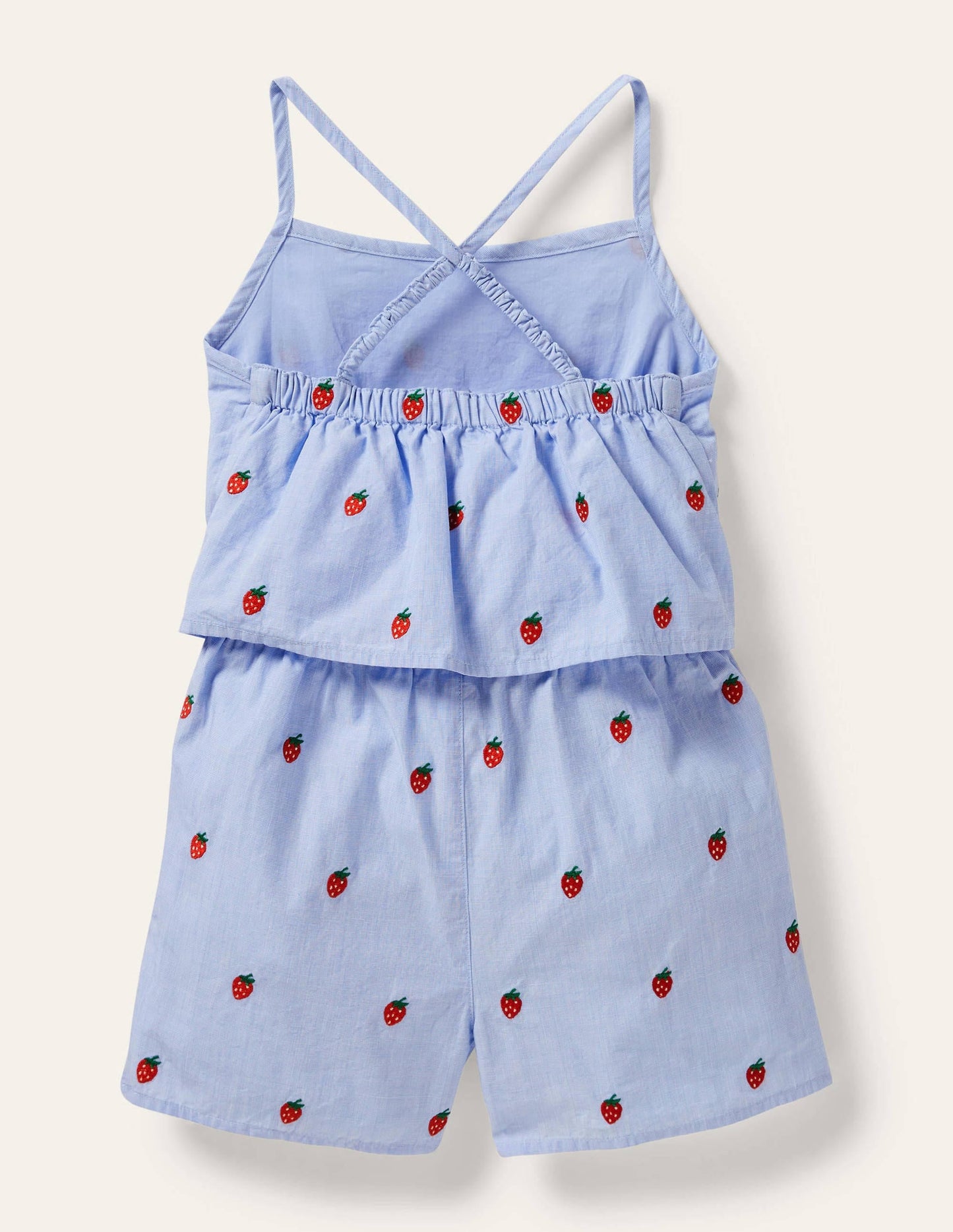 Blue Strawberry Print Woven Romper-Chambray Embroidered