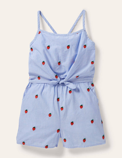 Blue Strawberry Print Woven Romper-Chambray Embroidered