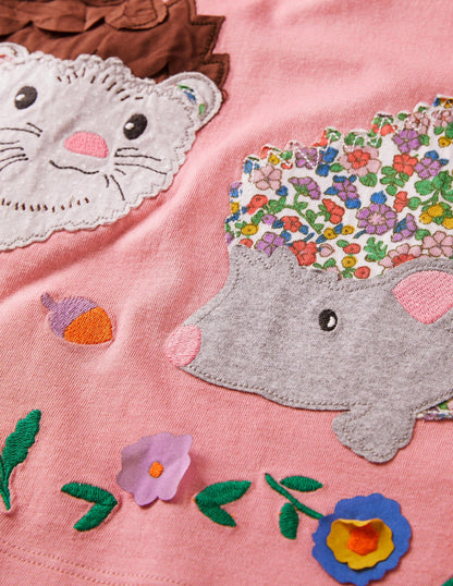 Big Appliqué Dress-Pink Hedgehogs