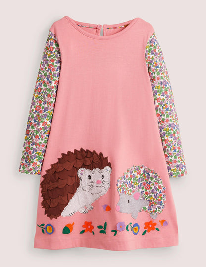 Big Appliqué Dress-Pink Hedgehogs
