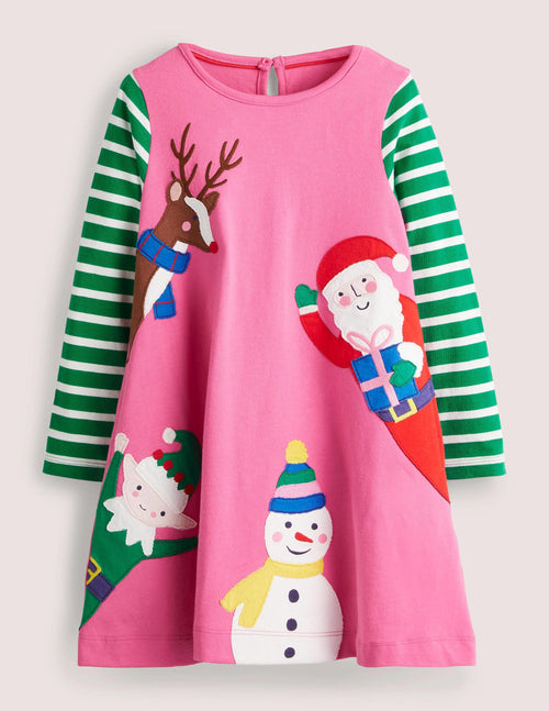 Big Appliqué Dress-Tickled Pink Christmas Friends