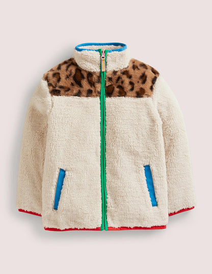 Borg Jacket-Ivory/Leopard Colourblock
