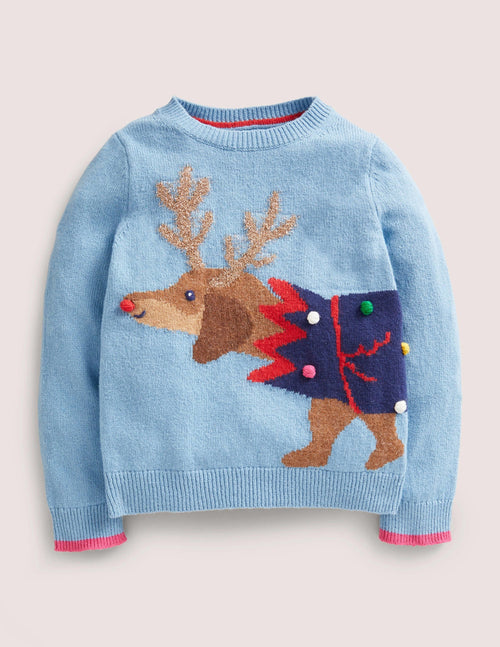 Blue Festive Dog Print Christmas Sweater-Dusty Blue Dog Cracker