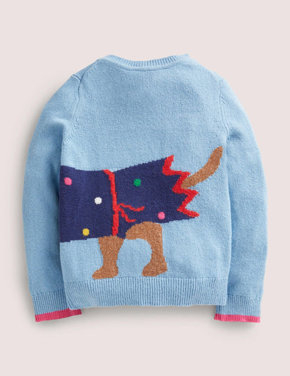 Blue Festive Dog Print Christmas Sweater-Dusty Blue Dog Cracker
