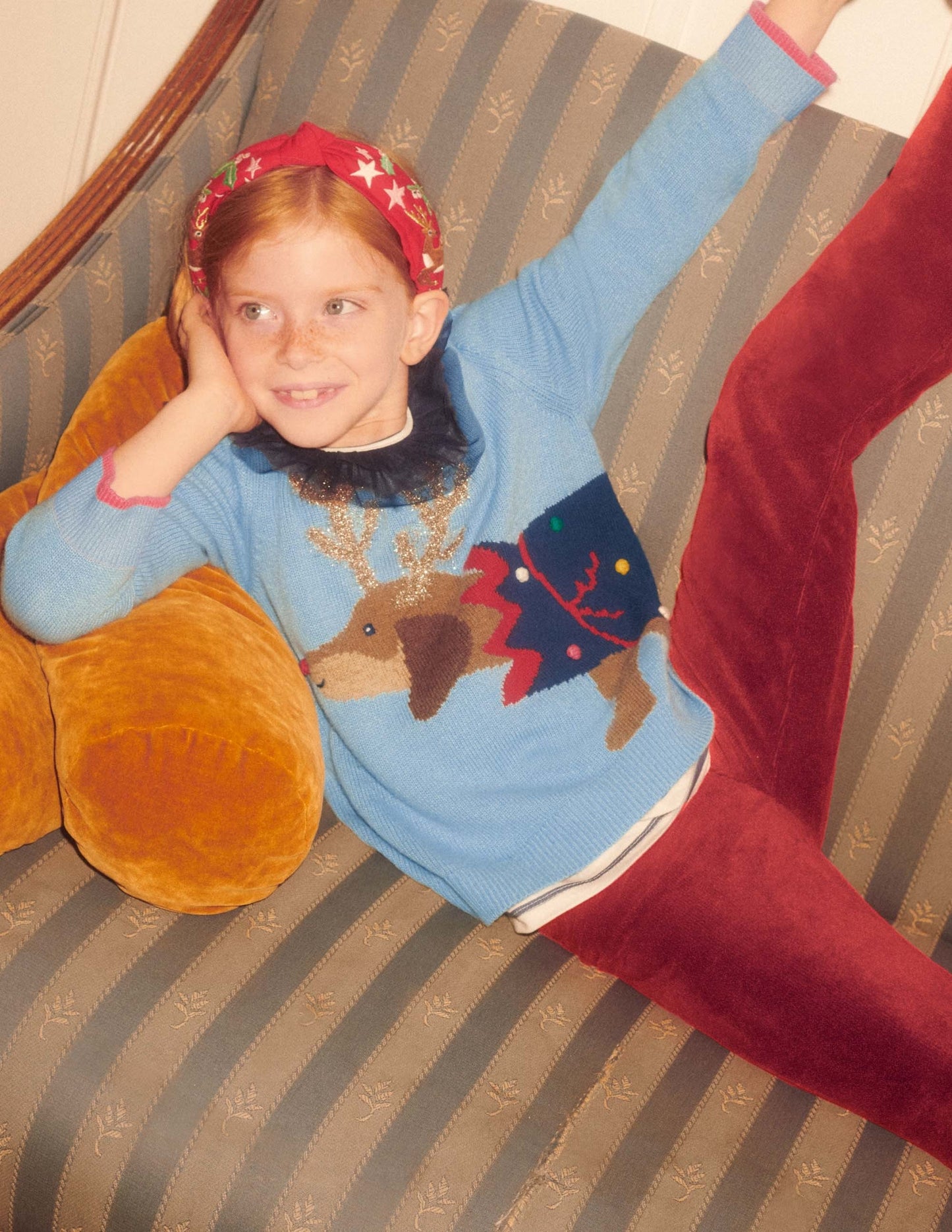 Blue Festive Dog Print Christmas Sweater-Dusty Blue Dog Cracker
