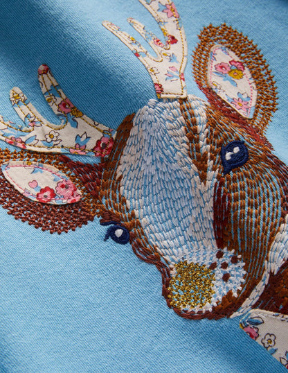 Blue Reindeer Embroidered Sweatshirt-Dusty Blue Reindeer